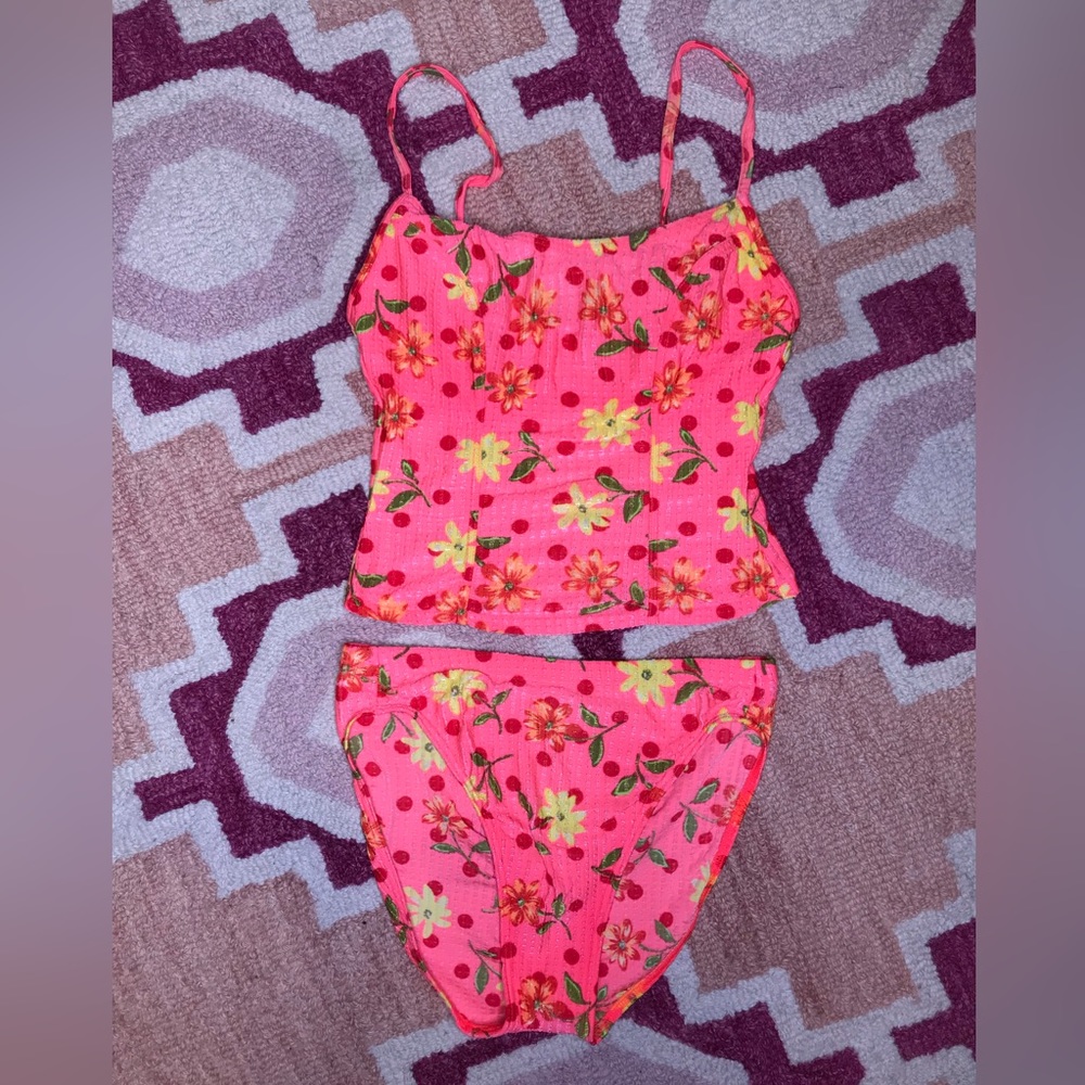 B. Altex vintage size 8 pink floral cherry two piece swimsuit